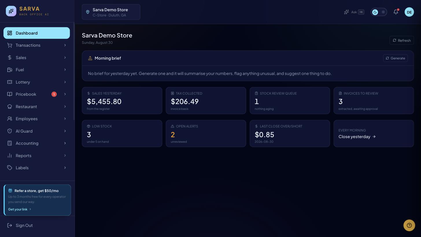 The Command Center: sales yesterday, tax collected, stock review queue, invoices awaiting approval, low stock, open alerts and last close over/short.